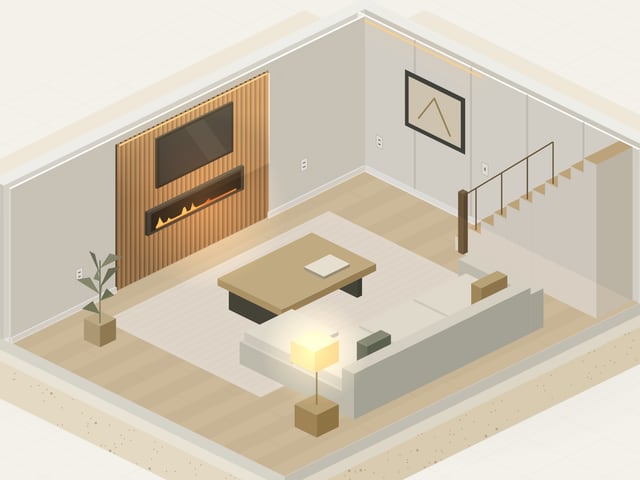 Illustration of a finished basement living area with sofa, rug, cabinet and high windows.