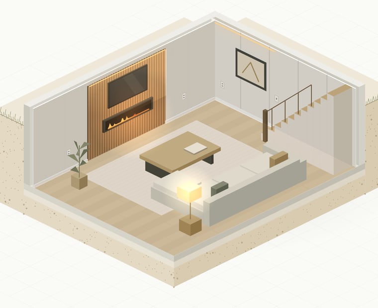 Animated architectural illustration of a basement, from floor plan to framing, finished walls and furnished living space.