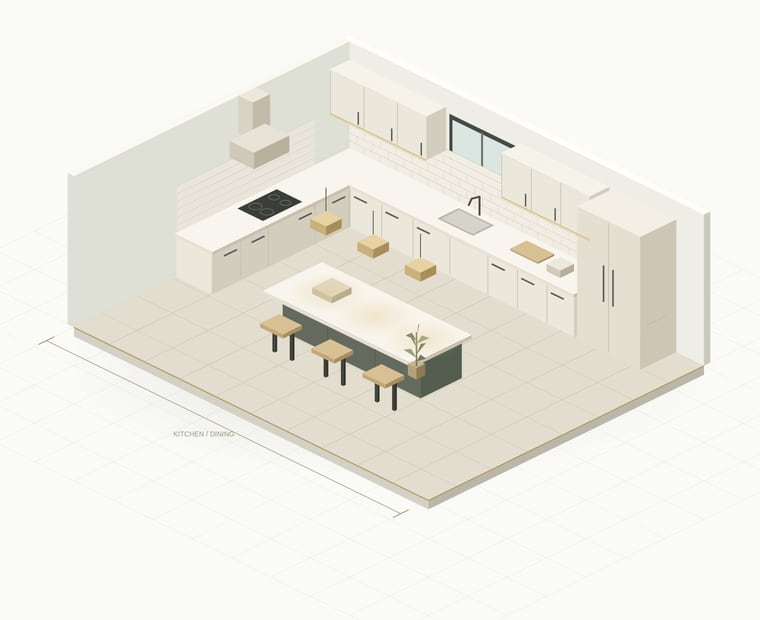 Animated architectural illustration of a kitchen, from a worn brown kitchen through demolition to new cabinetry, counters and backsplash, and a finished room with an island.