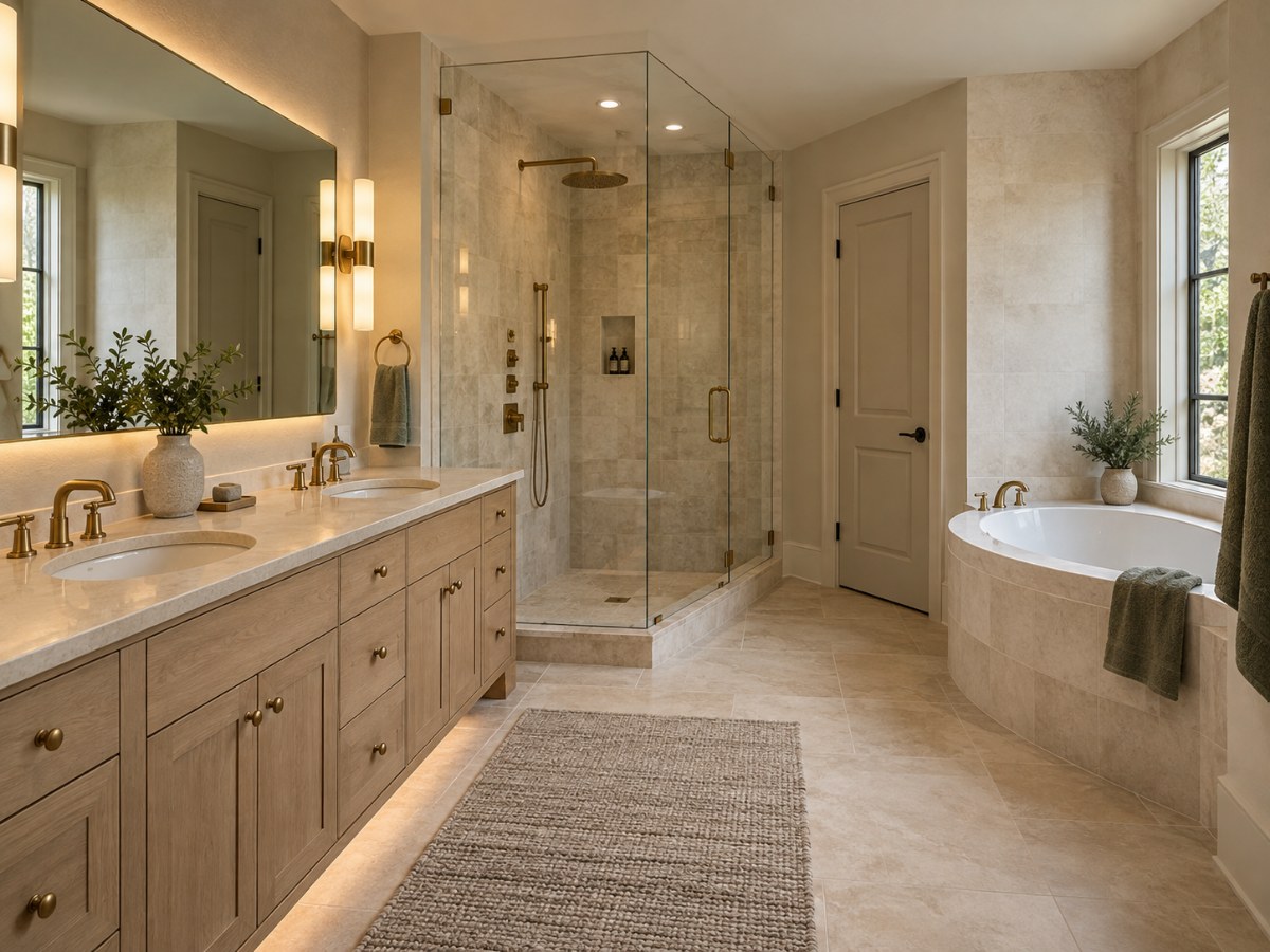 Bathroom design inspiration with a corner bath, glass shower, natural oak double vanity and a softly illuminated mirror.