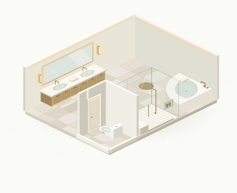 Animated architectural bathroom suite with a corner bathtub, walk-in glass shower, enclosed WC and a camera turn revealing an illuminated double vanity