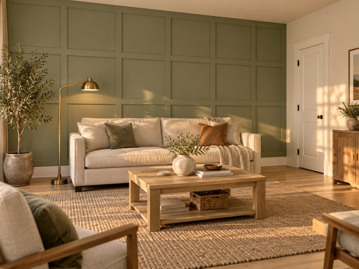 Living room with a sage green accent wall finished in a grid of painted wood moldings, crisp white trim and door, a cream sofa, oak coffee table and warm afternoon light.