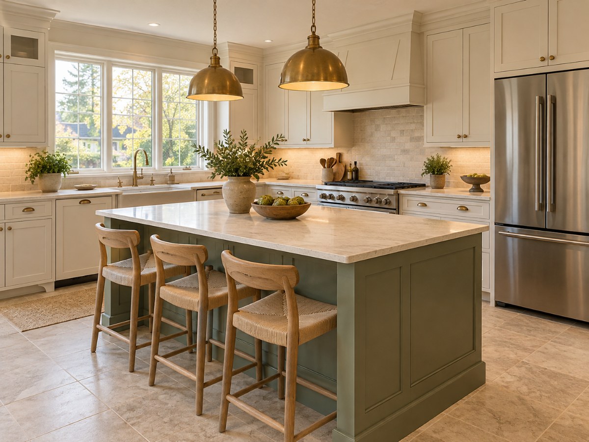 Kitchen design inspiration with ivory cabinetry, a sage-green island, warm brass pendants and natural stone finishes.