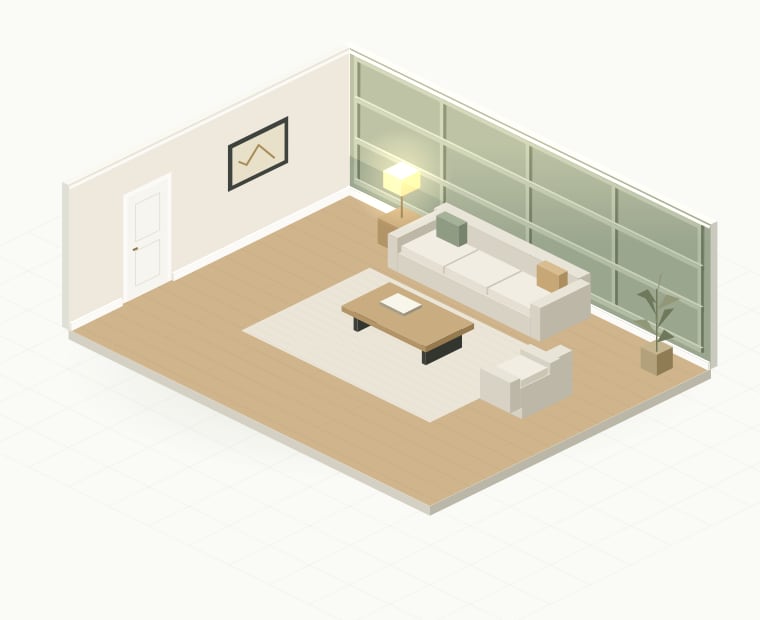 Animated illustration of a furnished living room: stained walls and nail holes are inspected, furniture and floors are covered in plastic, holes are patched, a grid of wood moldings is added to the back wall, then walls, trim and door are painted and the room is uncovered, finished.