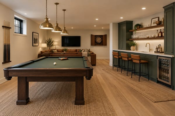 Basement game room with a green-felt pool table under brass pendants, a sage green wet bar with stools, a leather sectional and a dartboard.