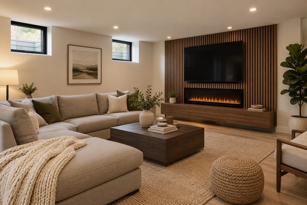 Finished basement family room with a walnut slat media wall, wall-mounted TV, linear electric fireplace, sectional sofa and jute rug.