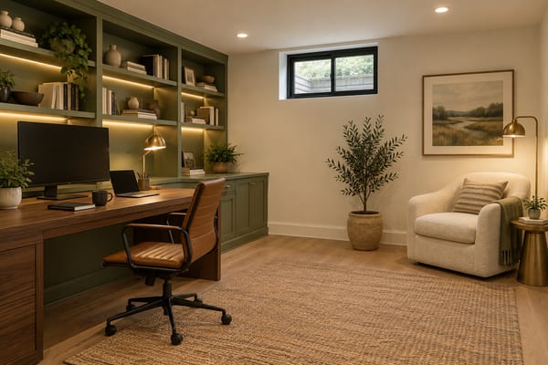 Basement home office with a walnut desk and monitor, built-in sage green shelving full of books, and a reading chair by a brass floor lamp.